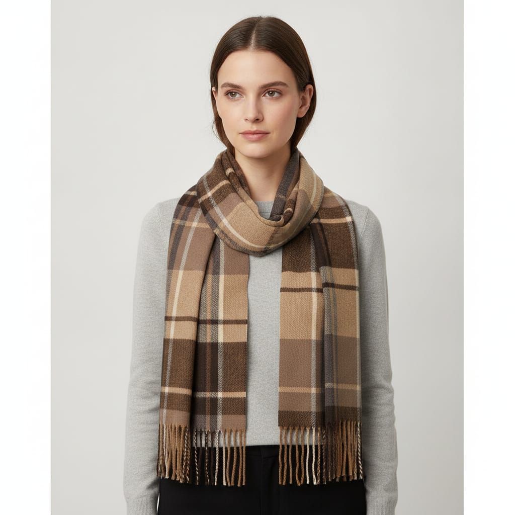 Men's scarf with fringed check pattern - Beige