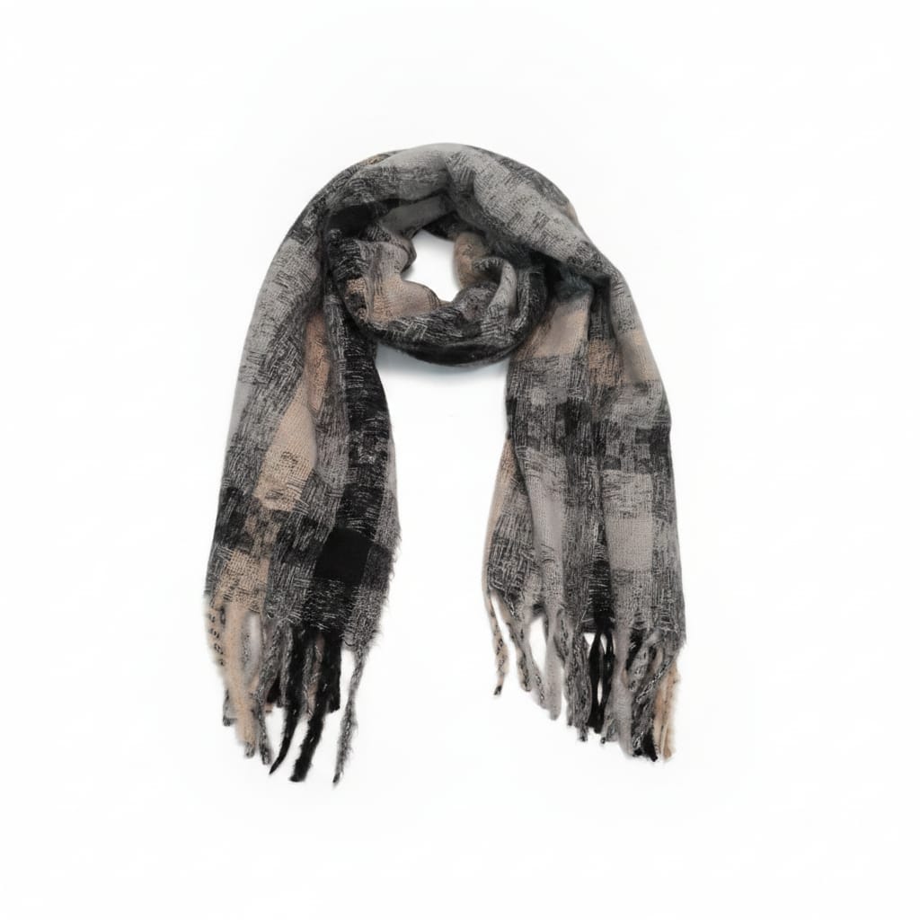 Sciarpa multicolor con frange e quadretti - Nero