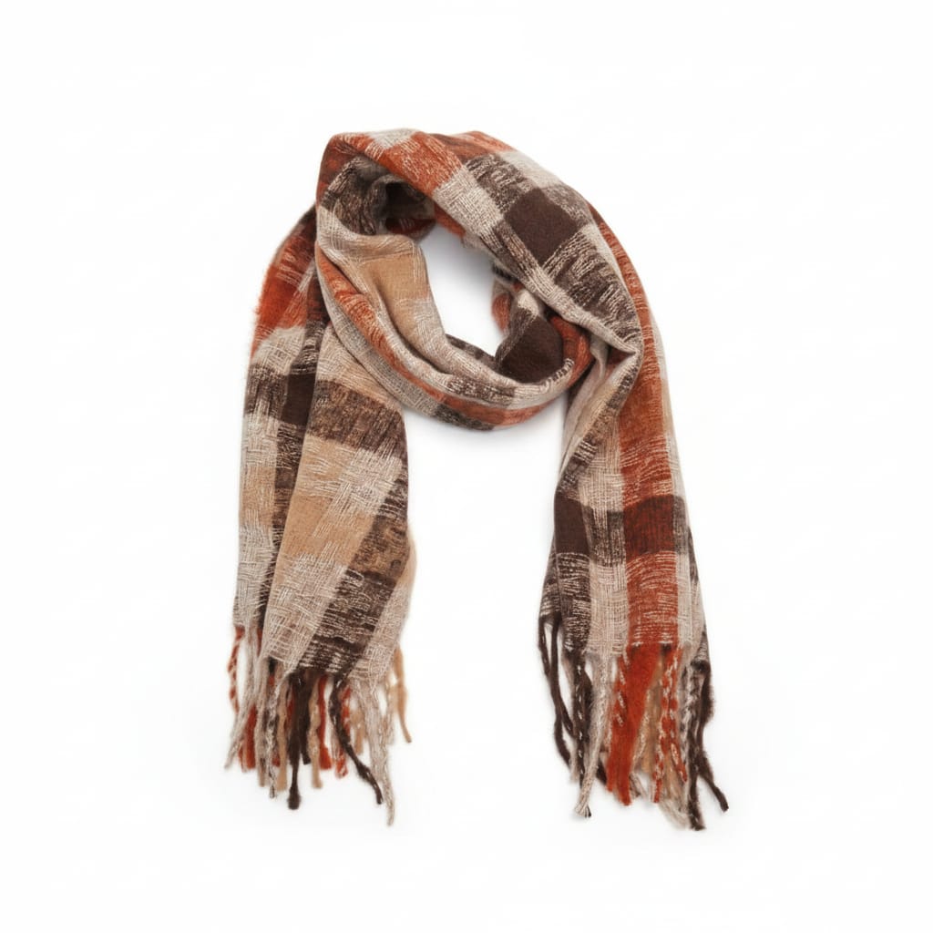 Sciarpa multicolor con frange e quadretti - Moro