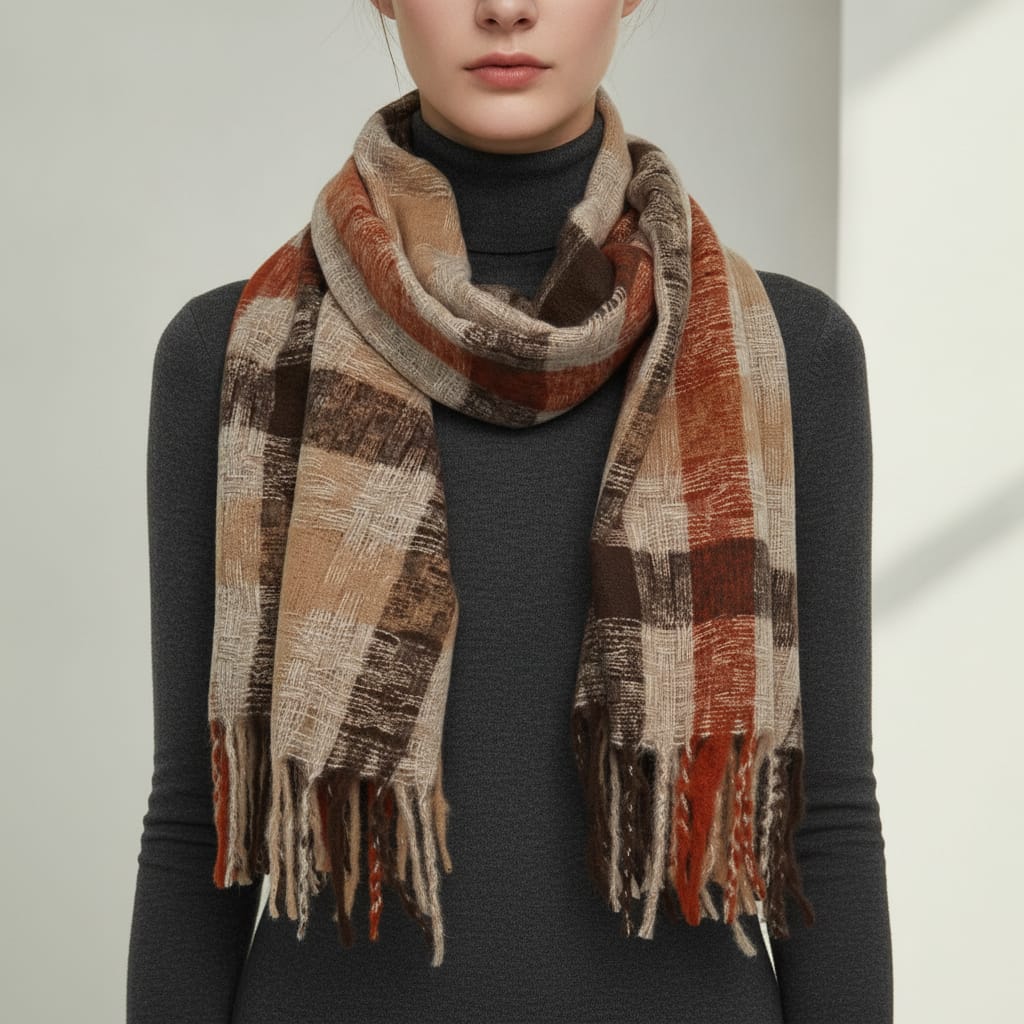 Sciarpa multicolor con frange e quadretti - Moro