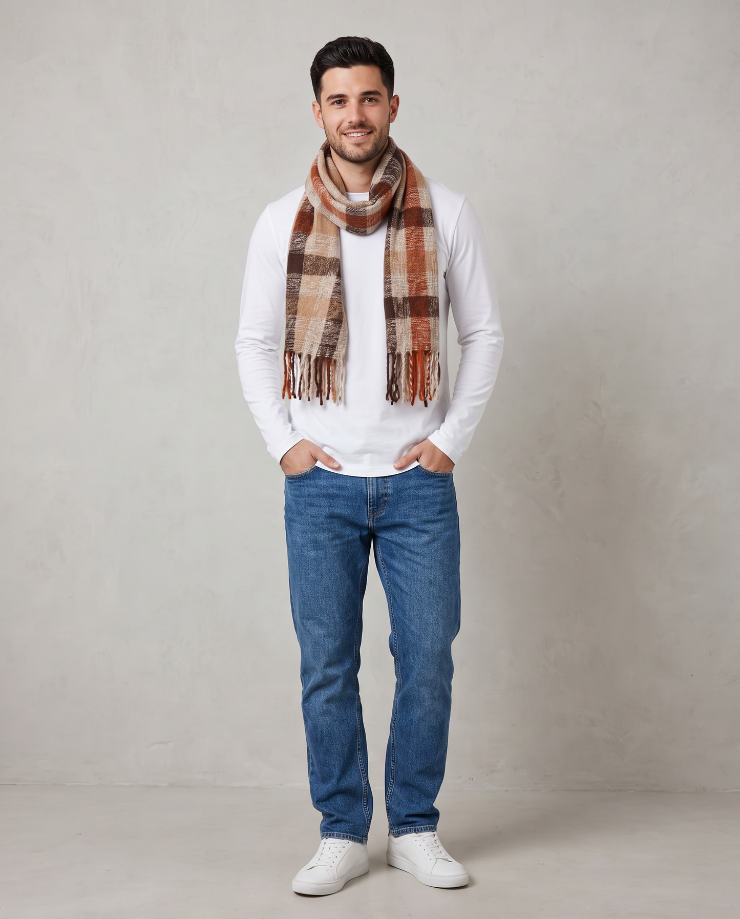 Sciarpa multicolor con frange e quadretti - Moro