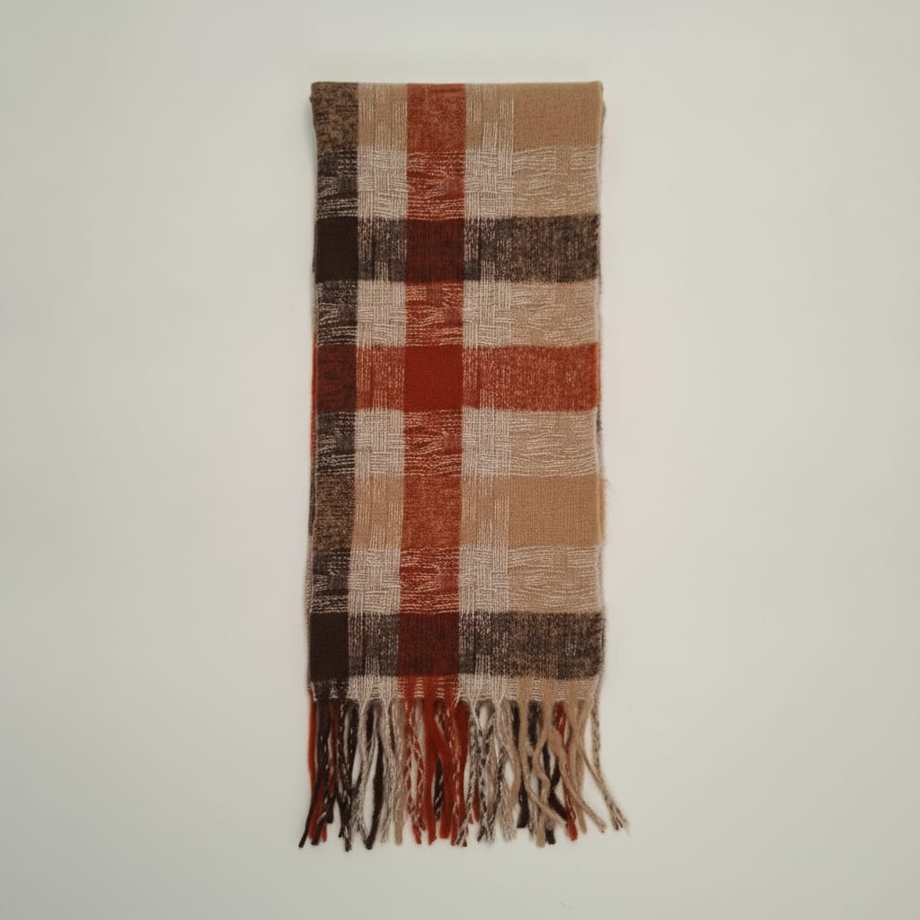 Sciarpa multicolor con frange e quadretti - Moro
