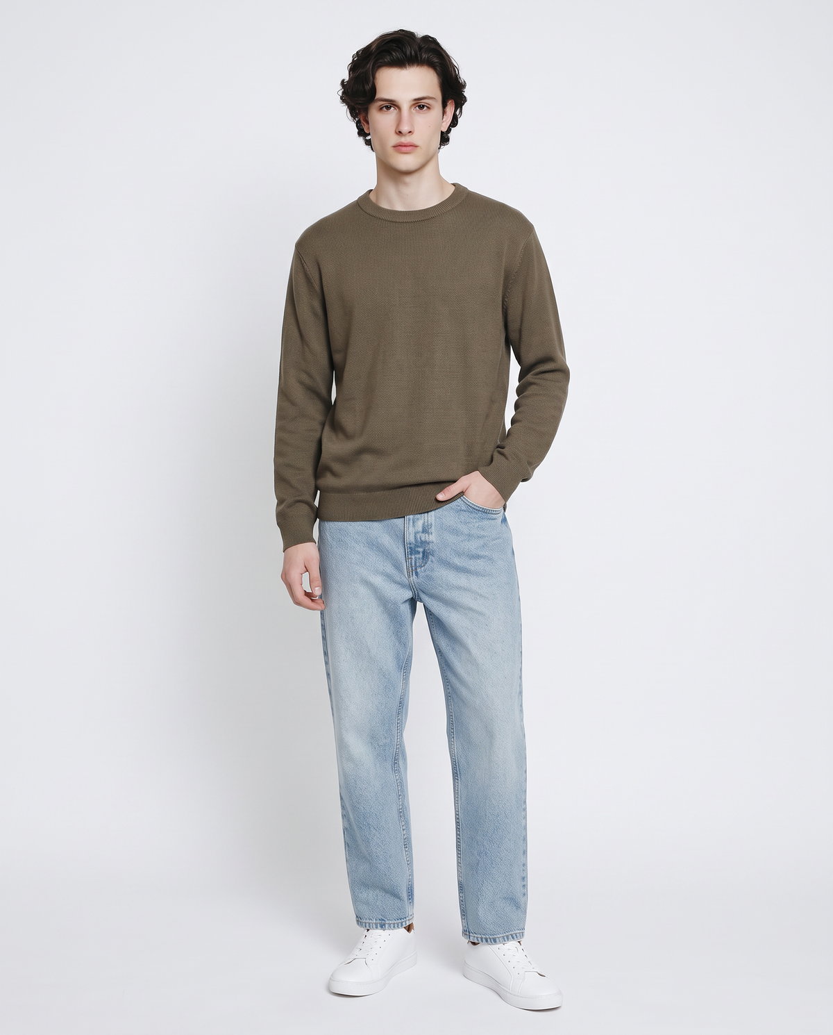 Jacquard crew neck sweater in cotton blend - Grey
