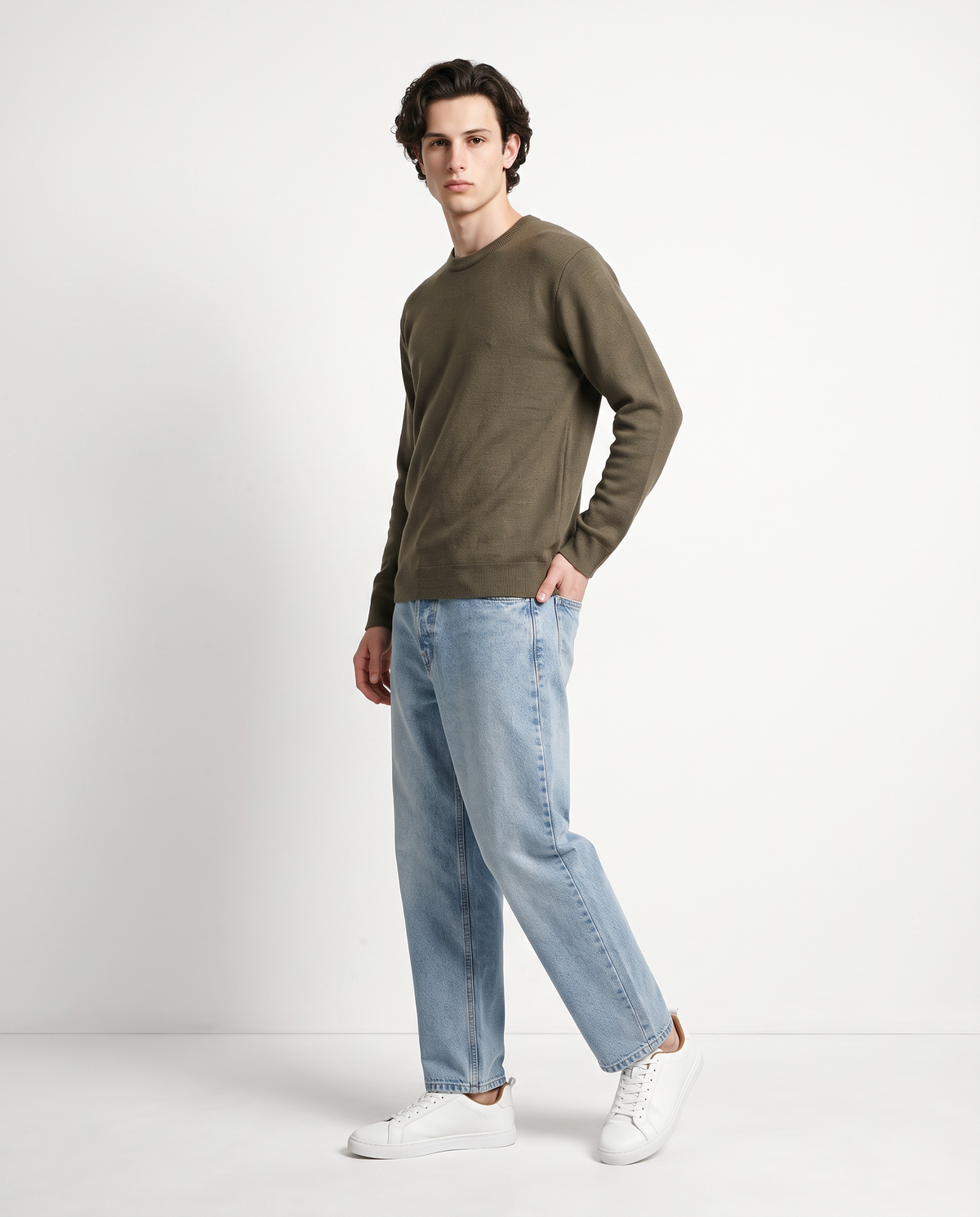 Jacquard crew neck sweater in cotton blend - Grey