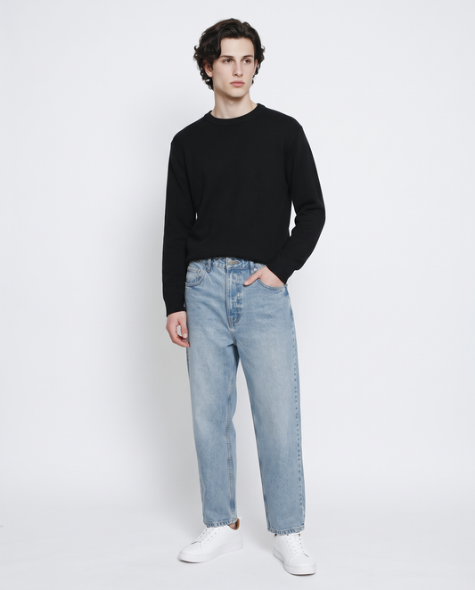Jacquard crew neck sweater in cotton blend - Black