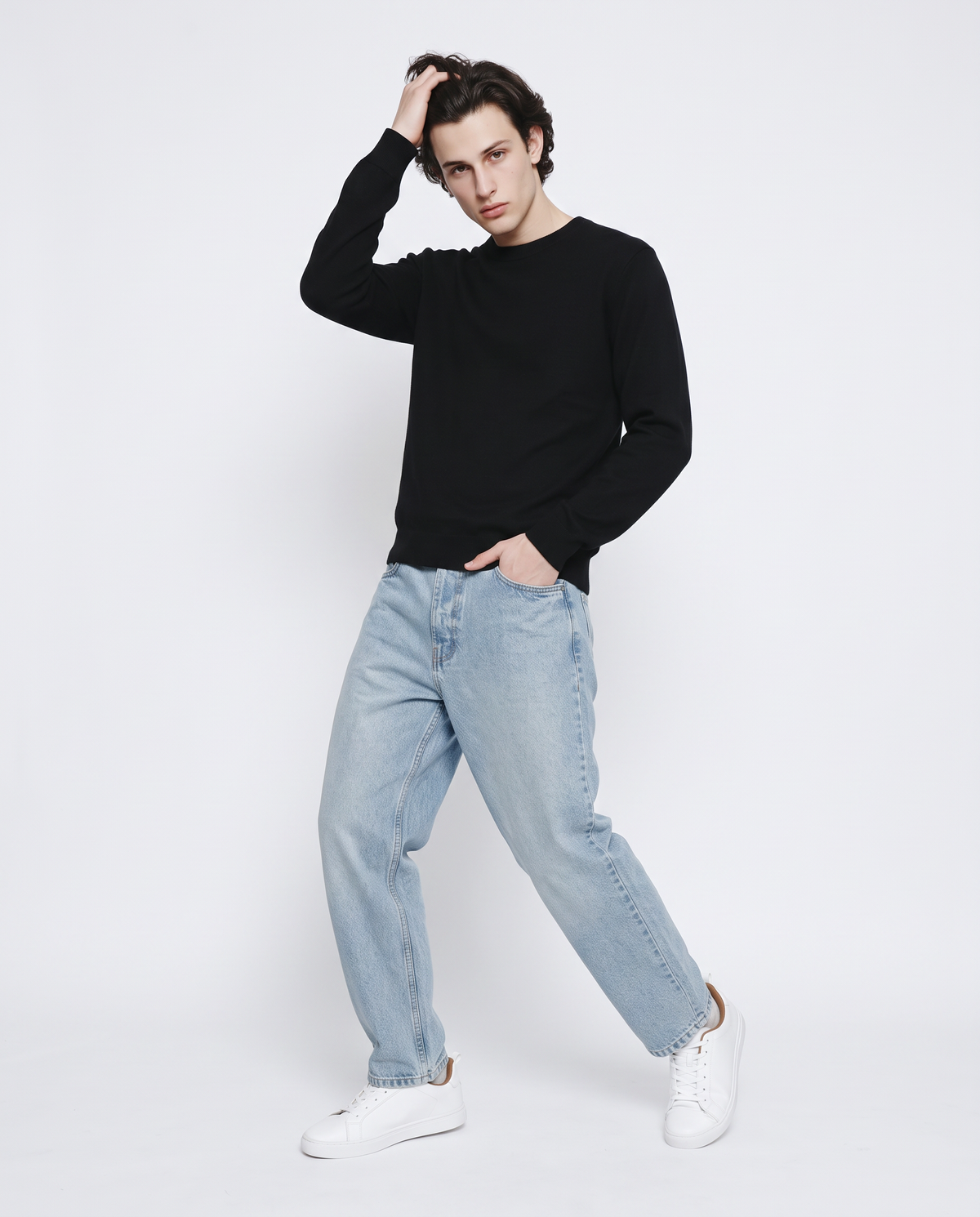 Jacquard crew neck sweater in cotton blend - Black