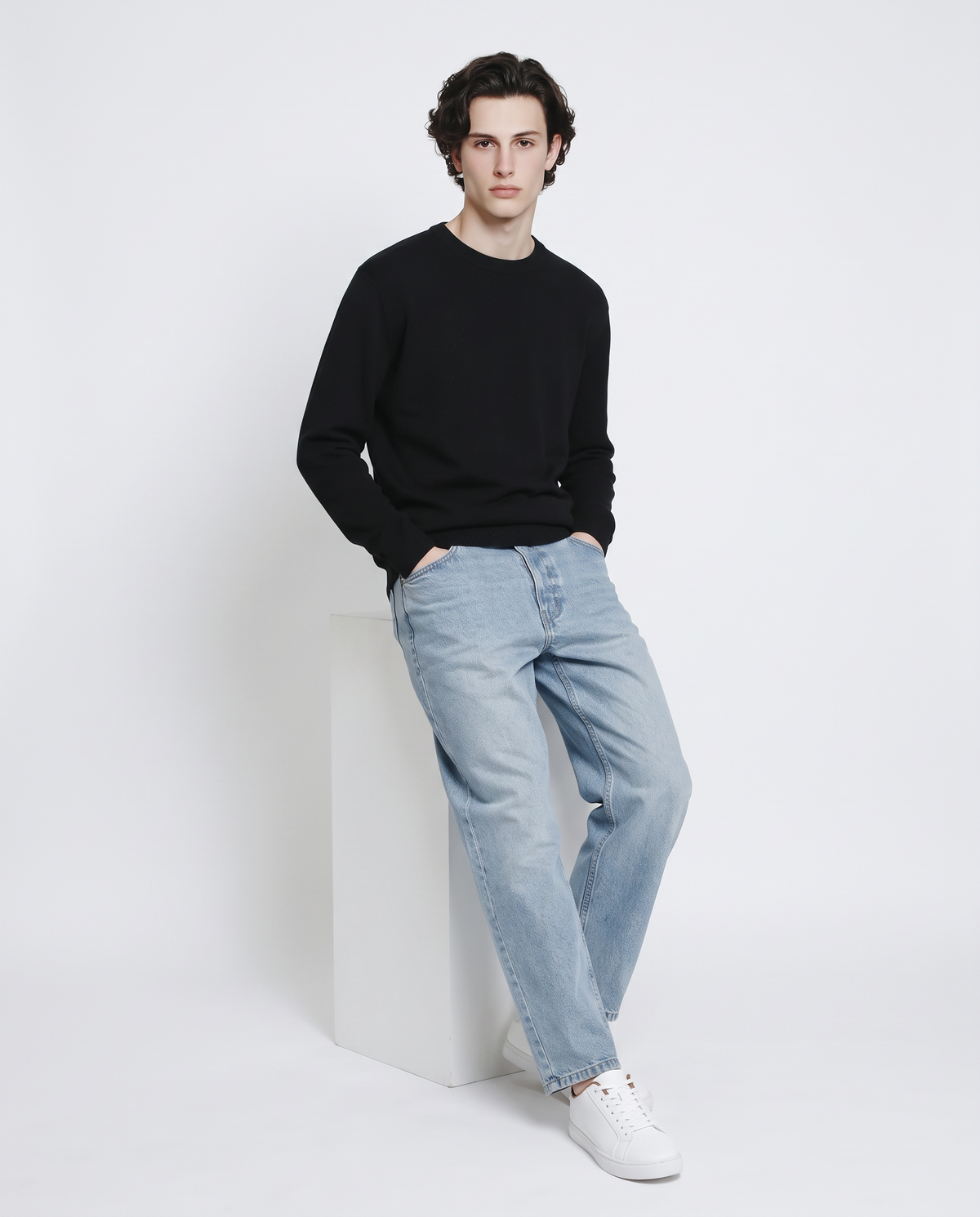 Jacquard crew neck sweater in cotton blend - Black