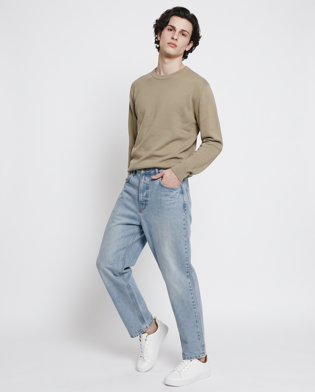 Jacquard crew neck sweater in cotton blend - Beige