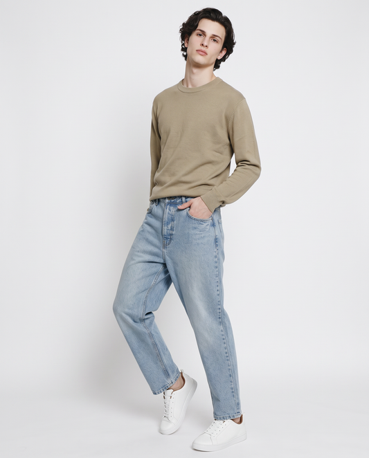 Jacquard crew neck sweater in cotton blend - Beige