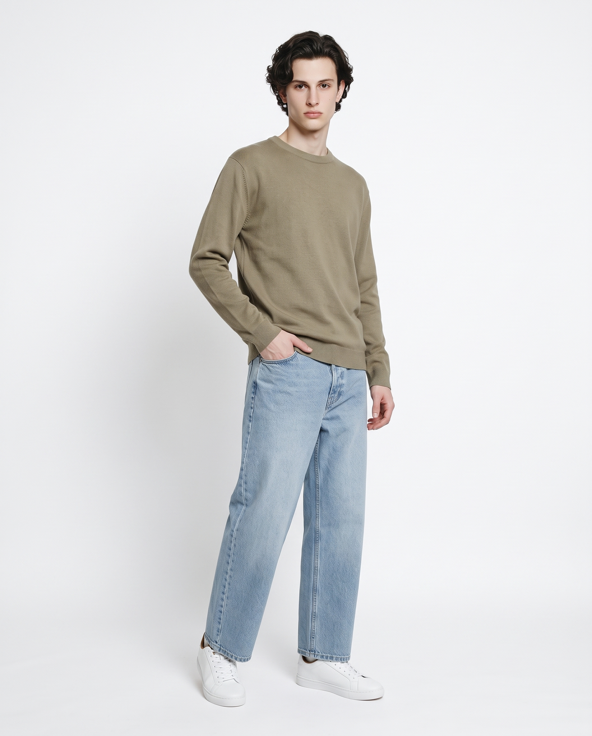 Jacquard crew neck sweater in cotton blend - Beige