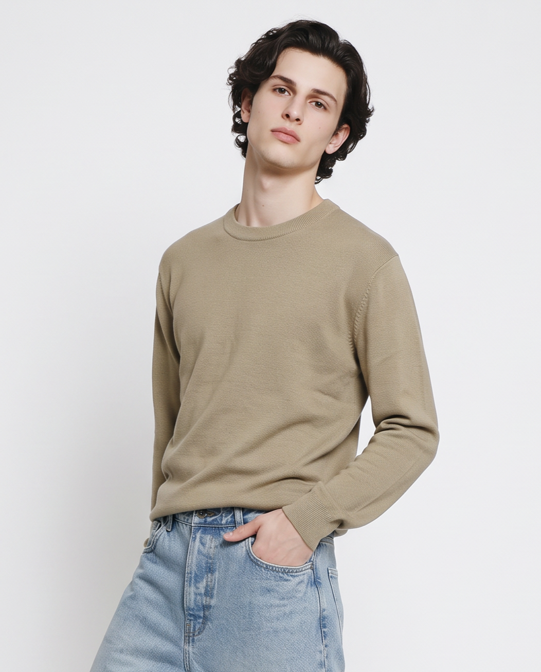 Jacquard crew neck sweater in cotton blend - Beige