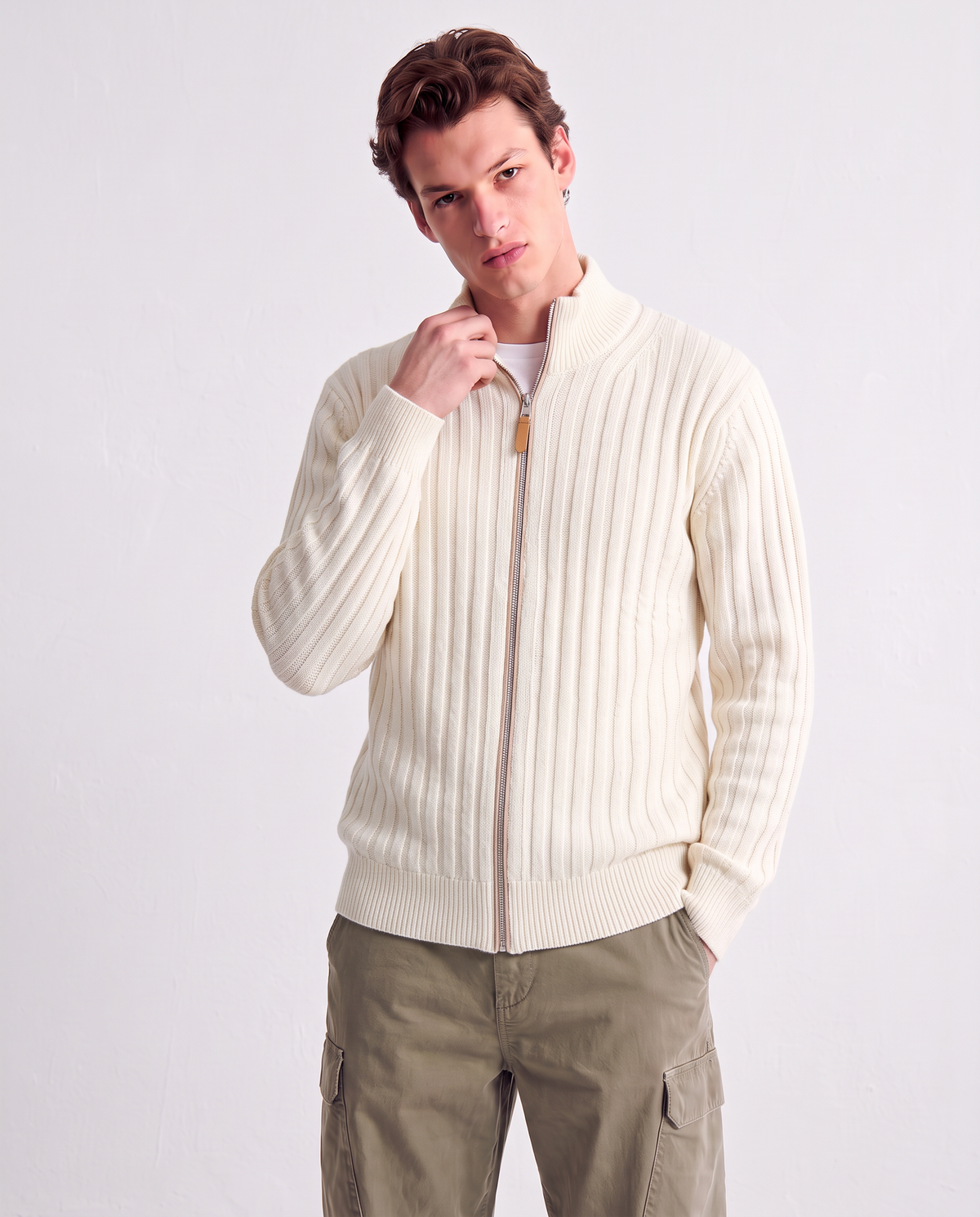 Jacquard Cardigan Sweater with Zipper - Beige