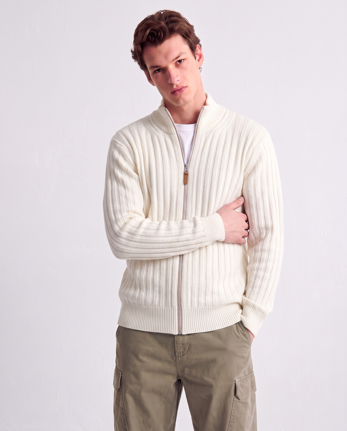 Jacquard Cardigan Sweater with Zipper - Beige