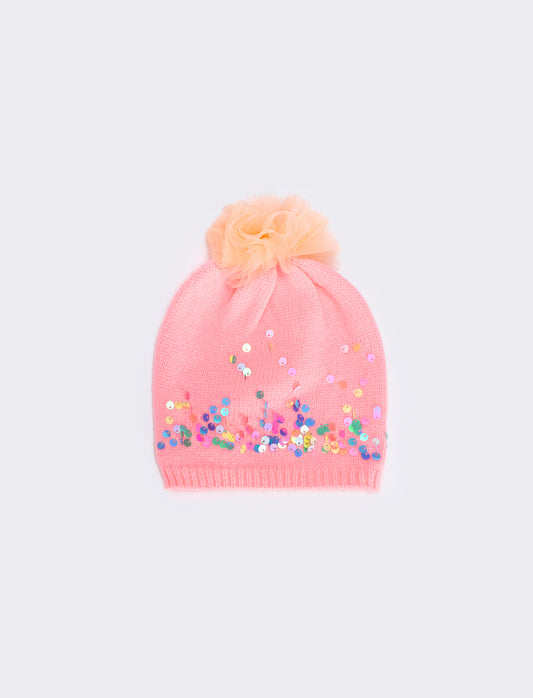 Cappello paillettes con pon pon in tulle - Fuxia