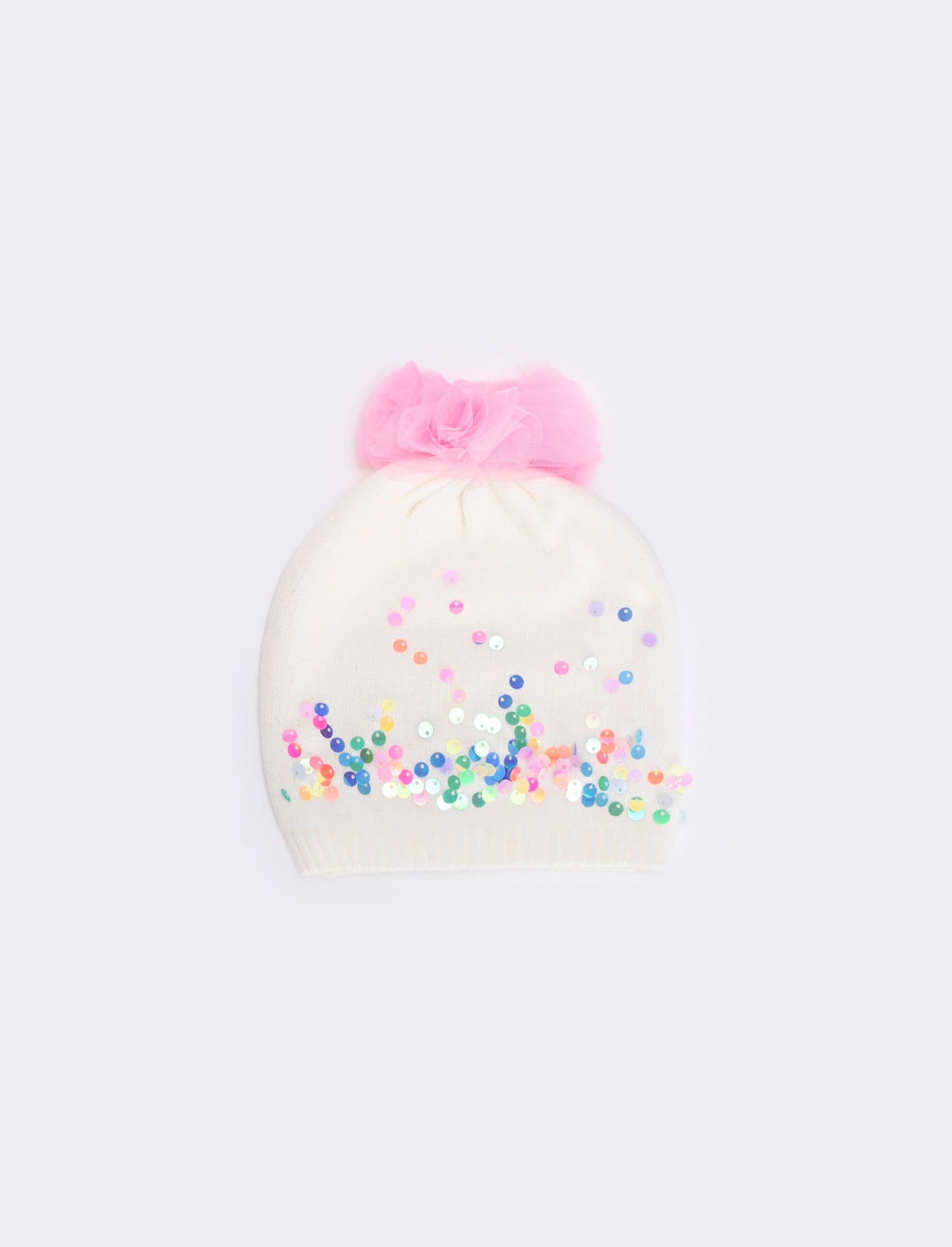 Cappello paillettes e pon pon tulle - Bianco sporco