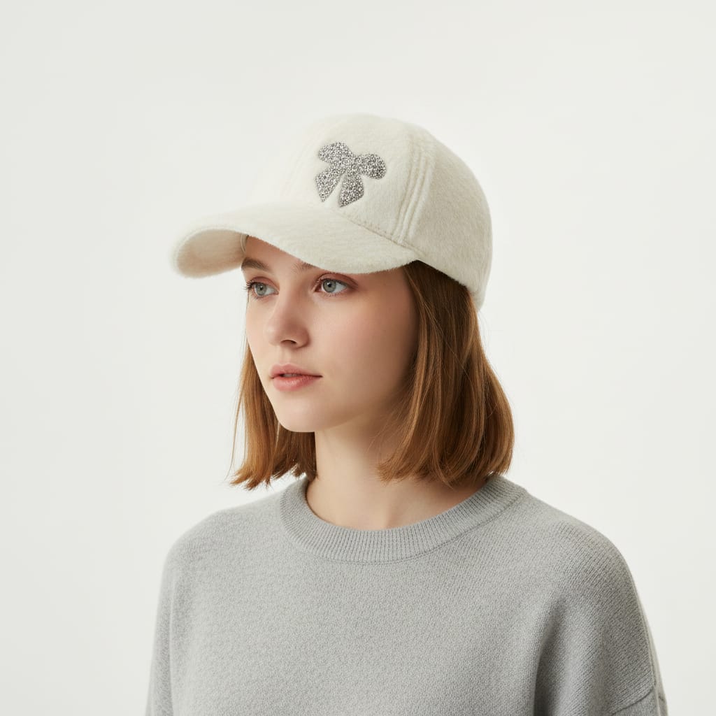 Baseball cap with rhinestone bow and fur - White