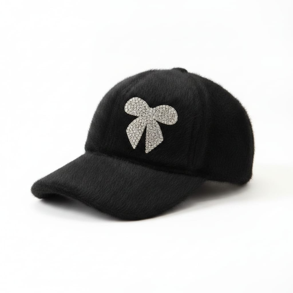 Baseball cap with rhinestone bow and fur - Black