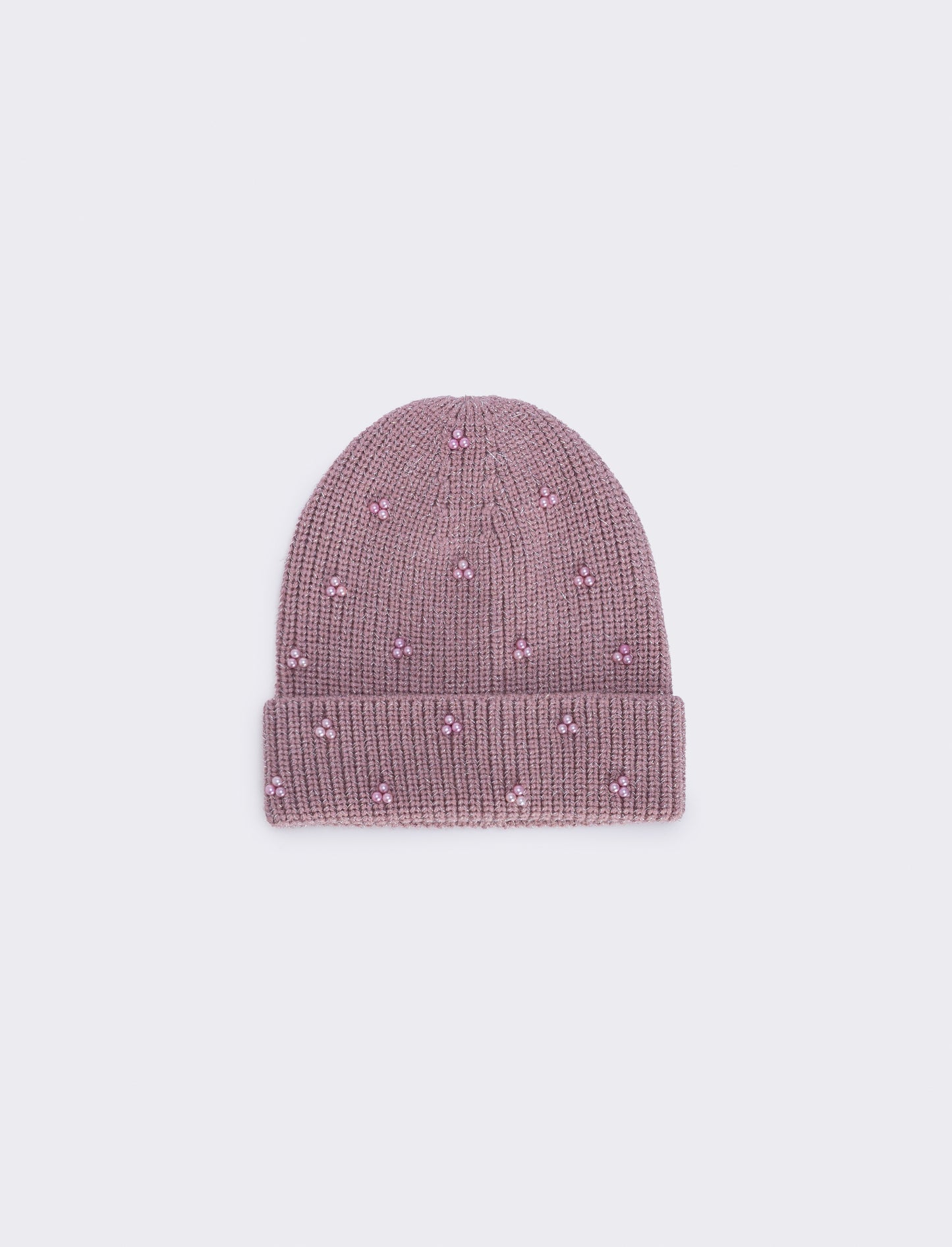 Cappello maglia con perline e risvolto - Rosa