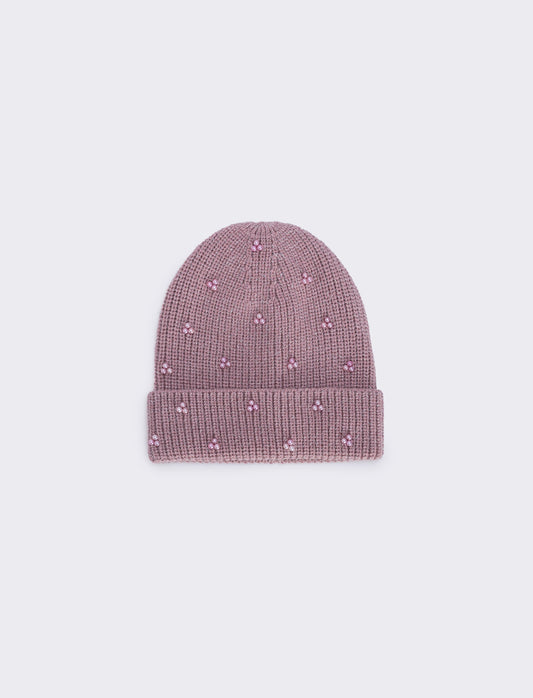 Cappello maglia con perline e risvolto - Rosa