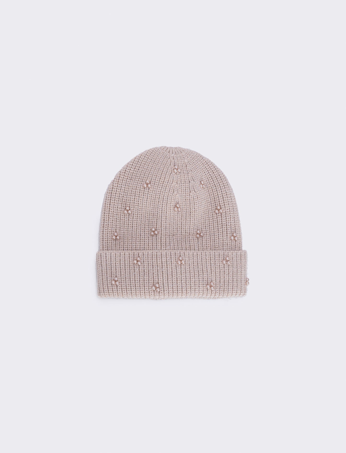 Cappello maglia con perline e risvolto - Beige