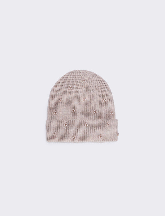 Cappello maglia con perline e risvolto - Beige