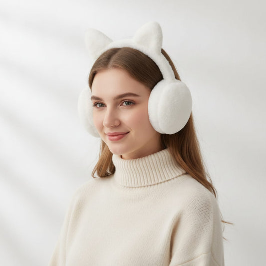 Faux fur earmuffs with ears - White