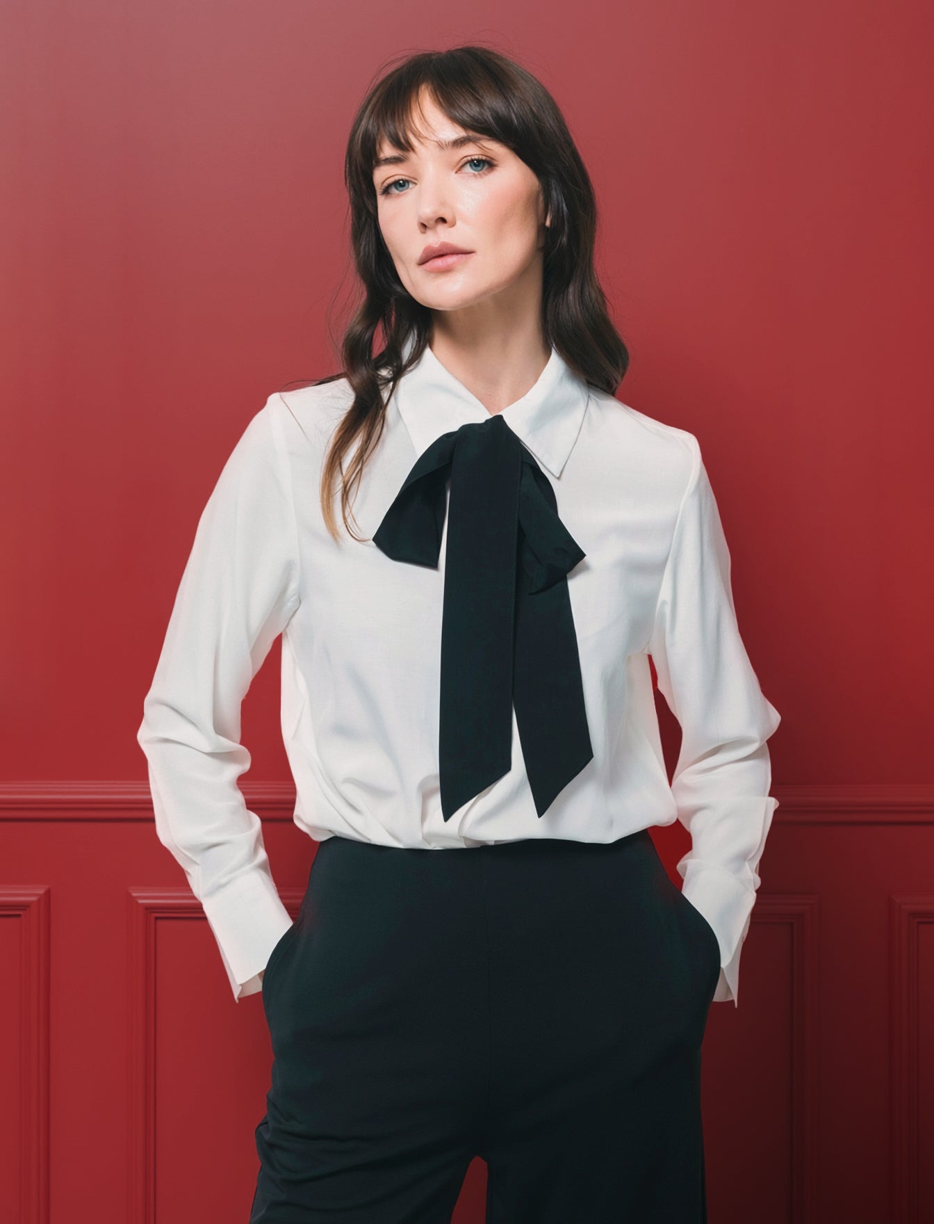 Camicia con fusciacca al collo e maniche lunghe - Bianco