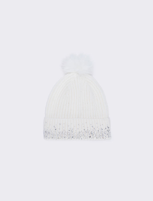 Hat with rhinestones on the brim - White