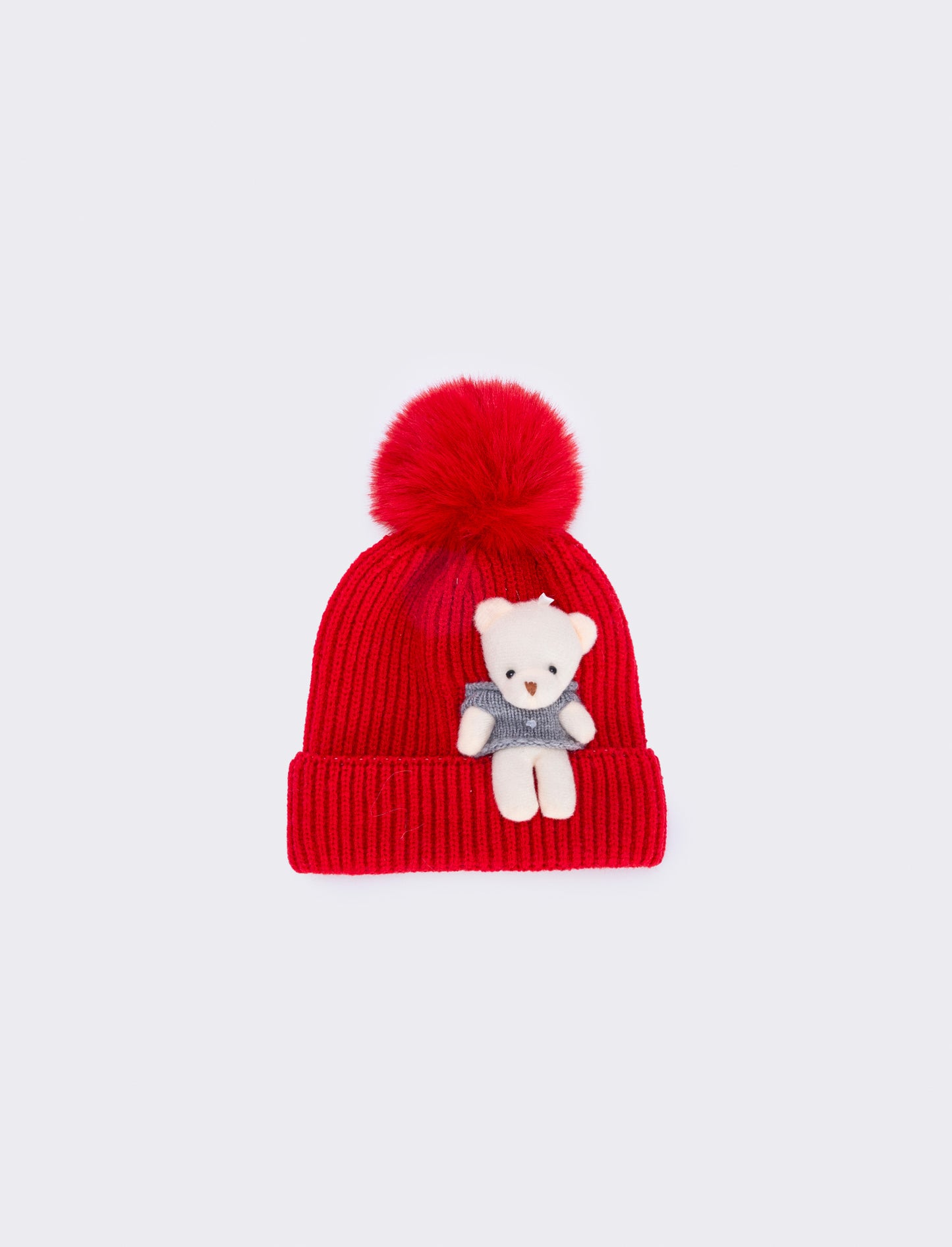 Hat with teddy bear and pom pom unique - Red