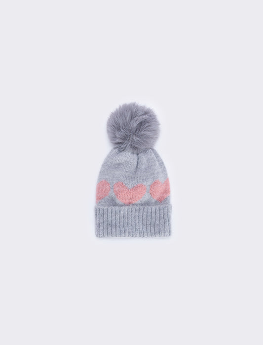 Cappello pon pon con cuoricini vivaci - Grigio
