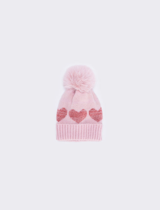 Cappello pon pon con cuoricini vivaci - Rosa