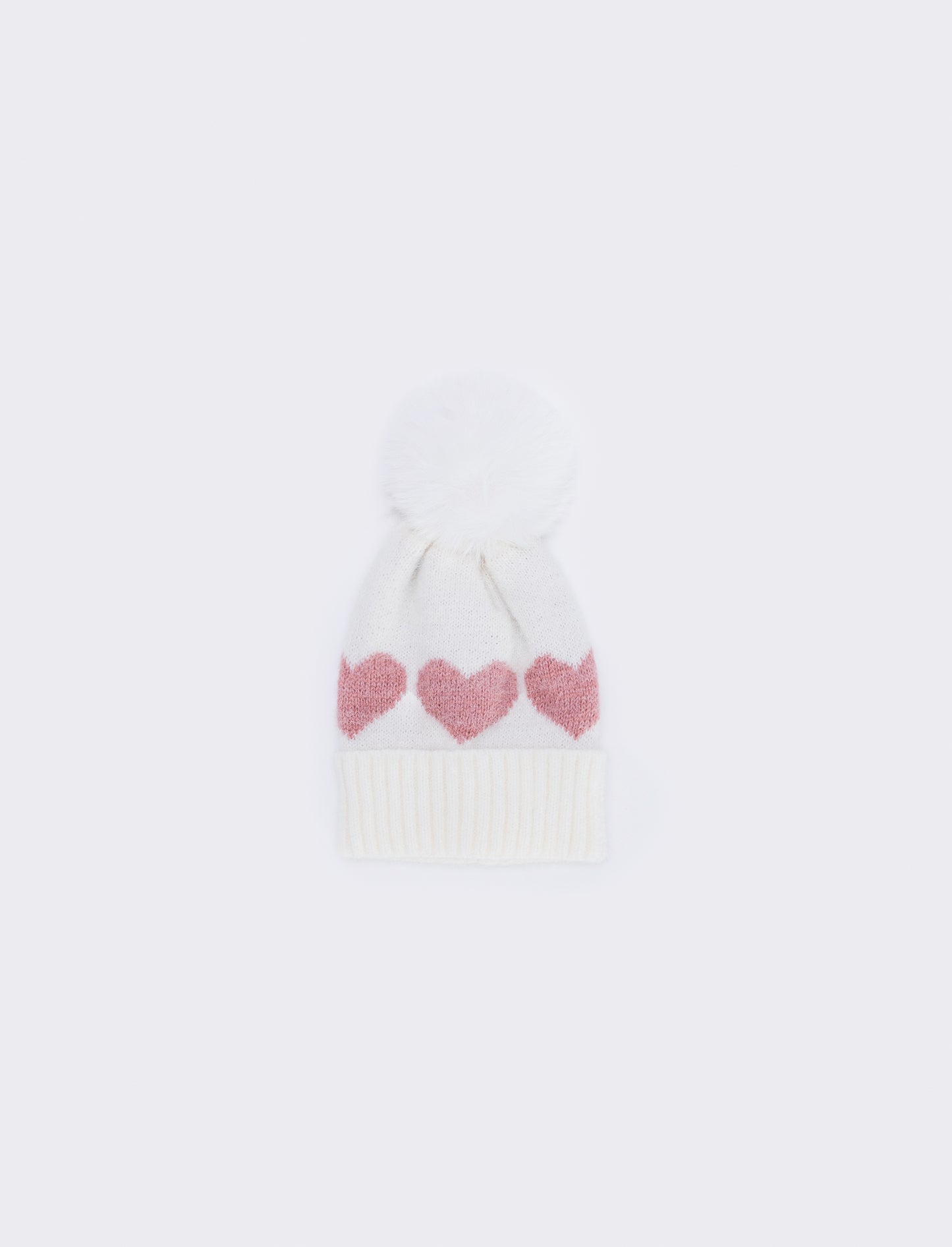 Pom Pom Hat with Bright Hearts - White