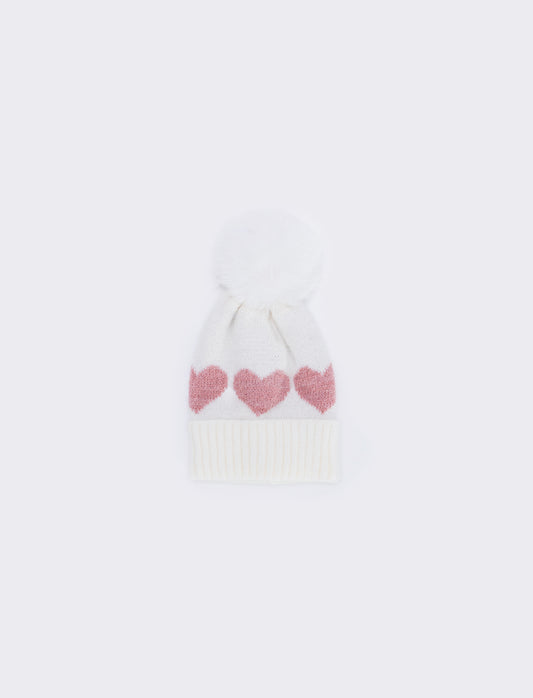 Cappello pon pon con cuoricini vivaci - Bianco panna