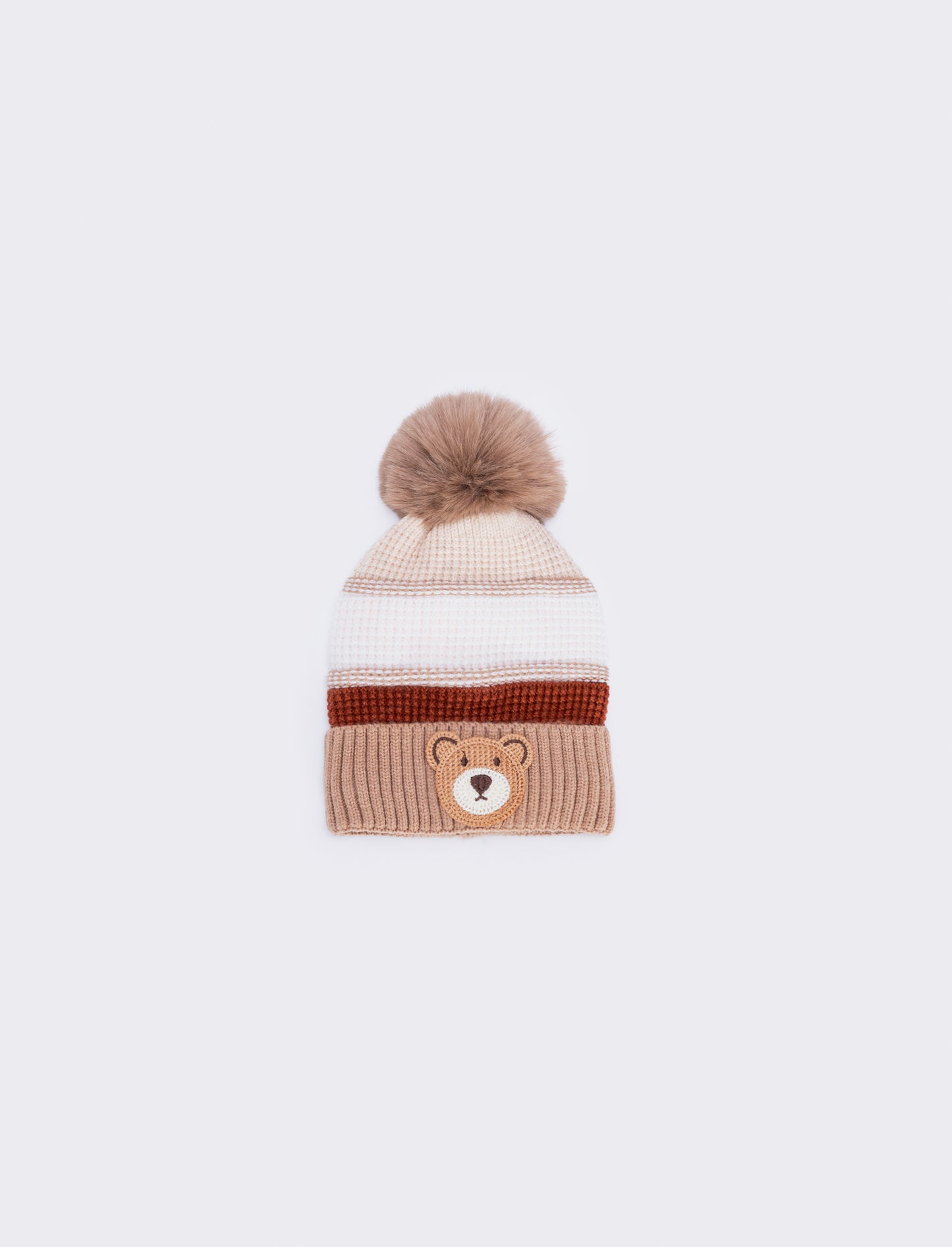Cappello in maglia con orsetto e pon pon - Beige