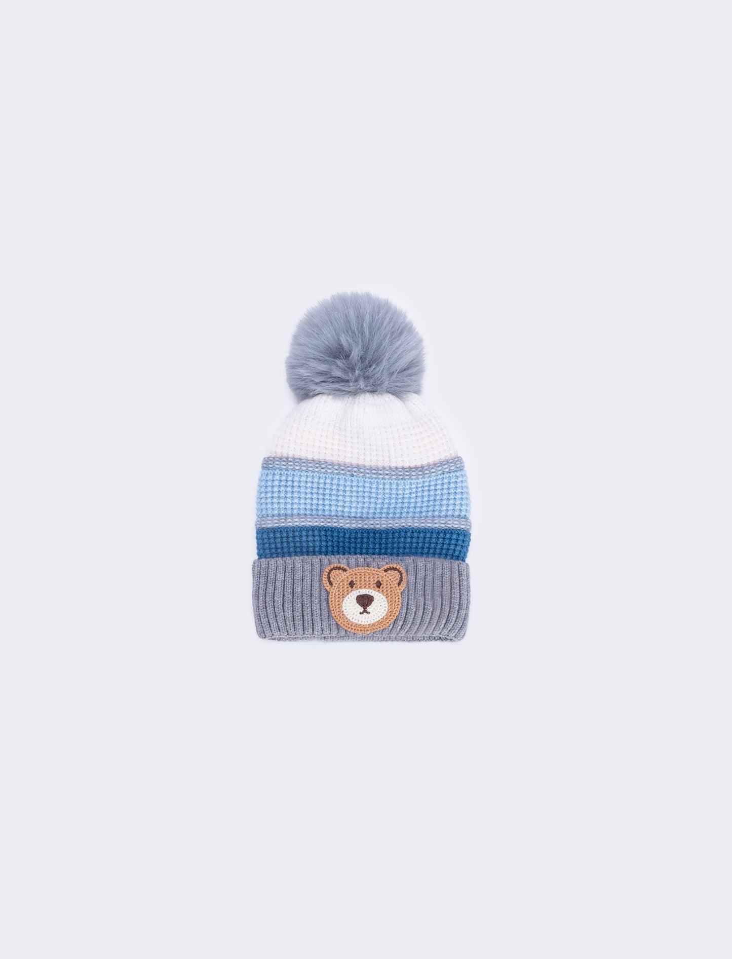 Knit Hat with Teddy Bear and Pom Pom - Sky blue