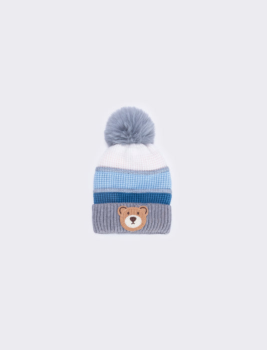 Cappello in maglia con orsetto e pon pon - Azzurro