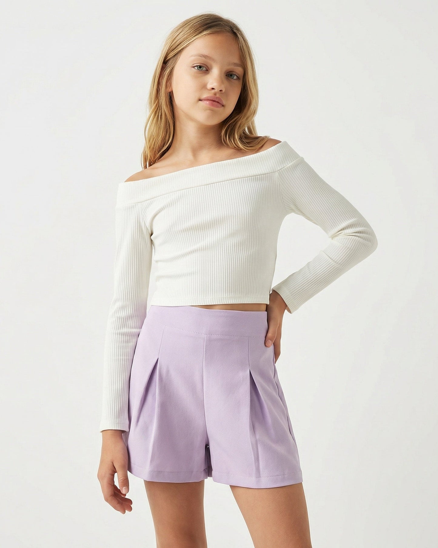 Short da bambina con pinces e bustino - Viola glicine