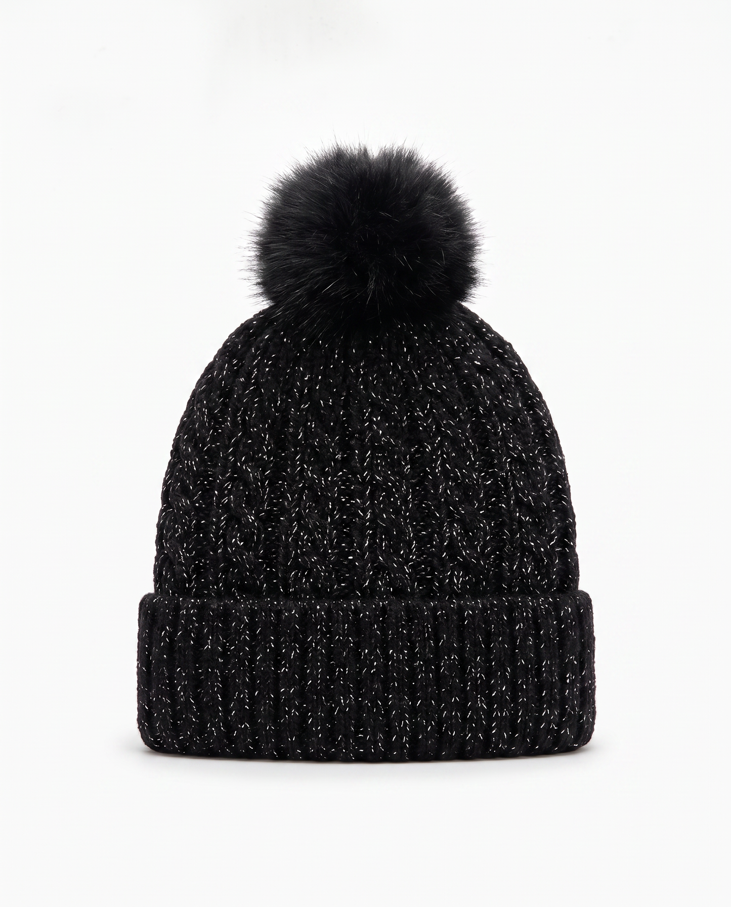 Cappello in maglia lurex con pon pon - Nero