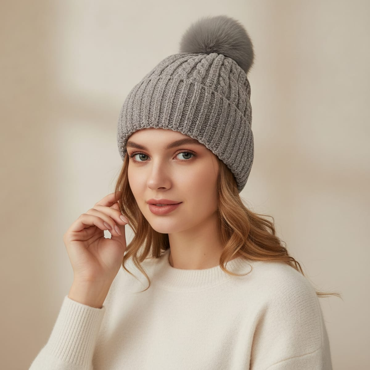 Cappello in maglia lurex con pon pon - Grigio