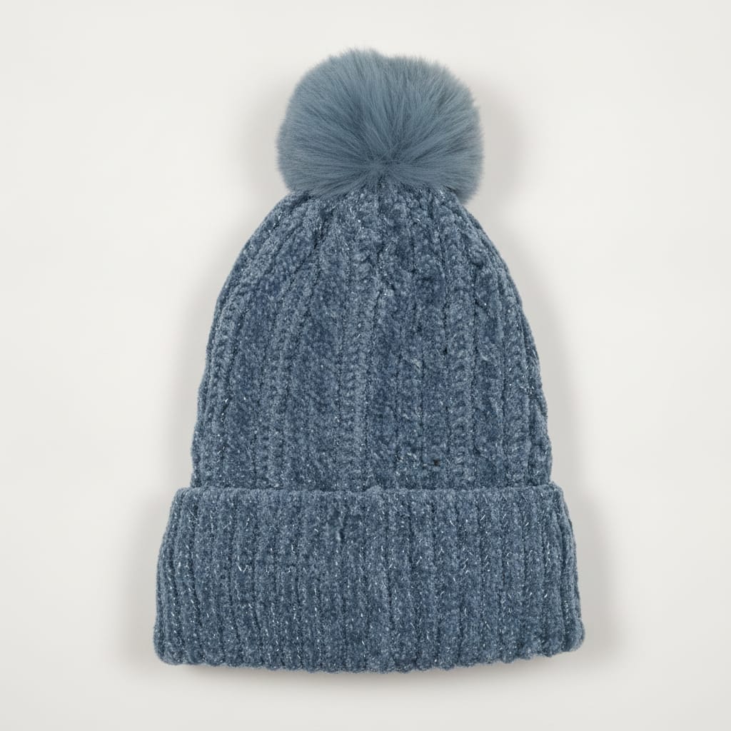 Cappello in maglia lurex con pon pon - Denim
