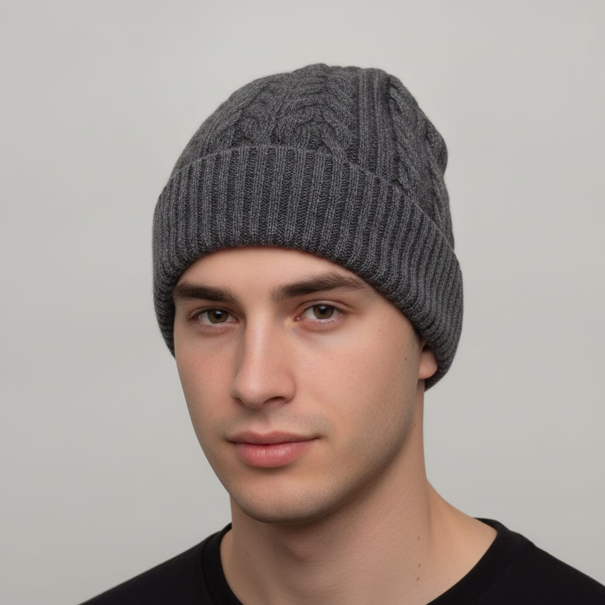 Cappello delavè treccia risvolto costine - Nero
