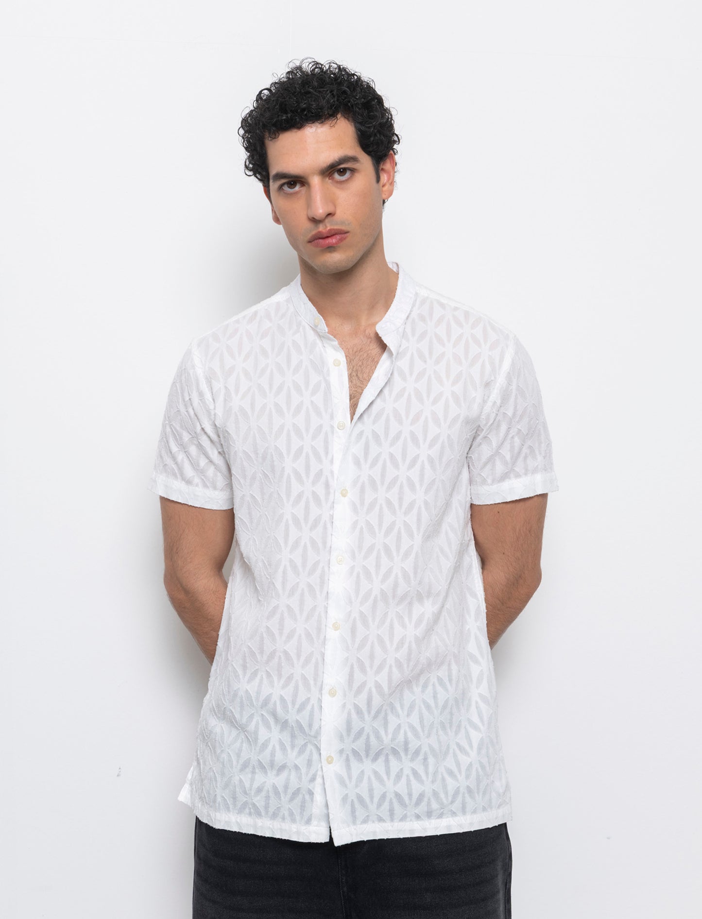 Camicia coreana fantasia jacquard da uomo - Bianco