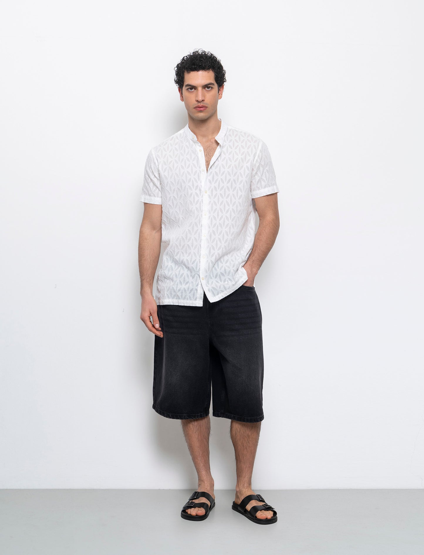 Camicia coreana fantasia jacquard da uomo - Bianco