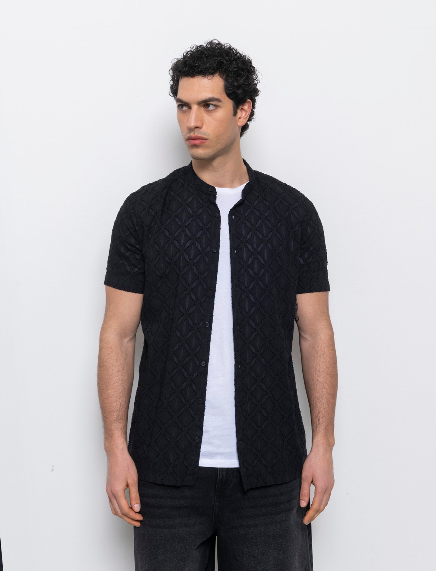 Camicia coreana fantasia jacquard da uomo - Nero