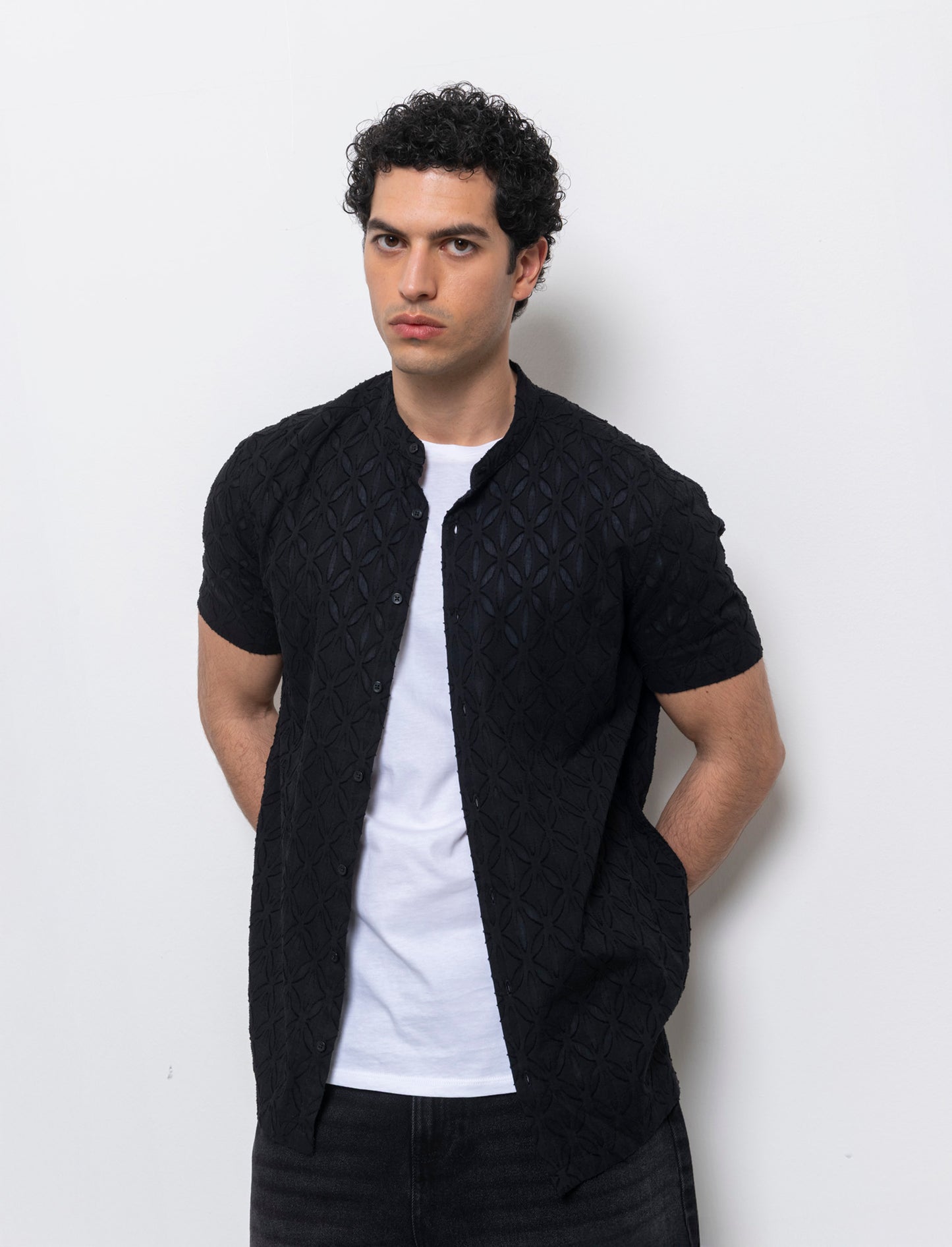 Camicia coreana fantasia jacquard da uomo - Nero