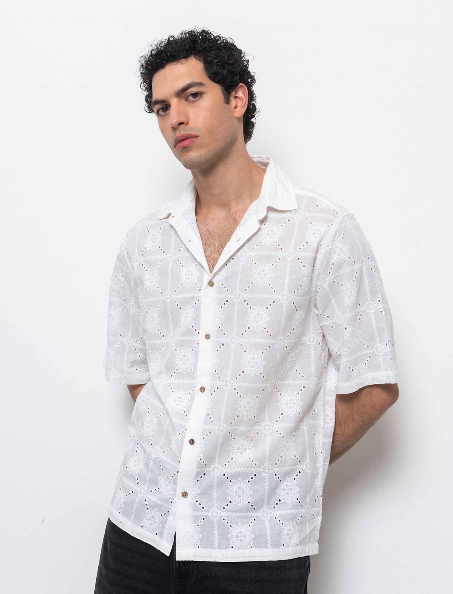 Camicia fantasia ricamata da uomo - Bianco