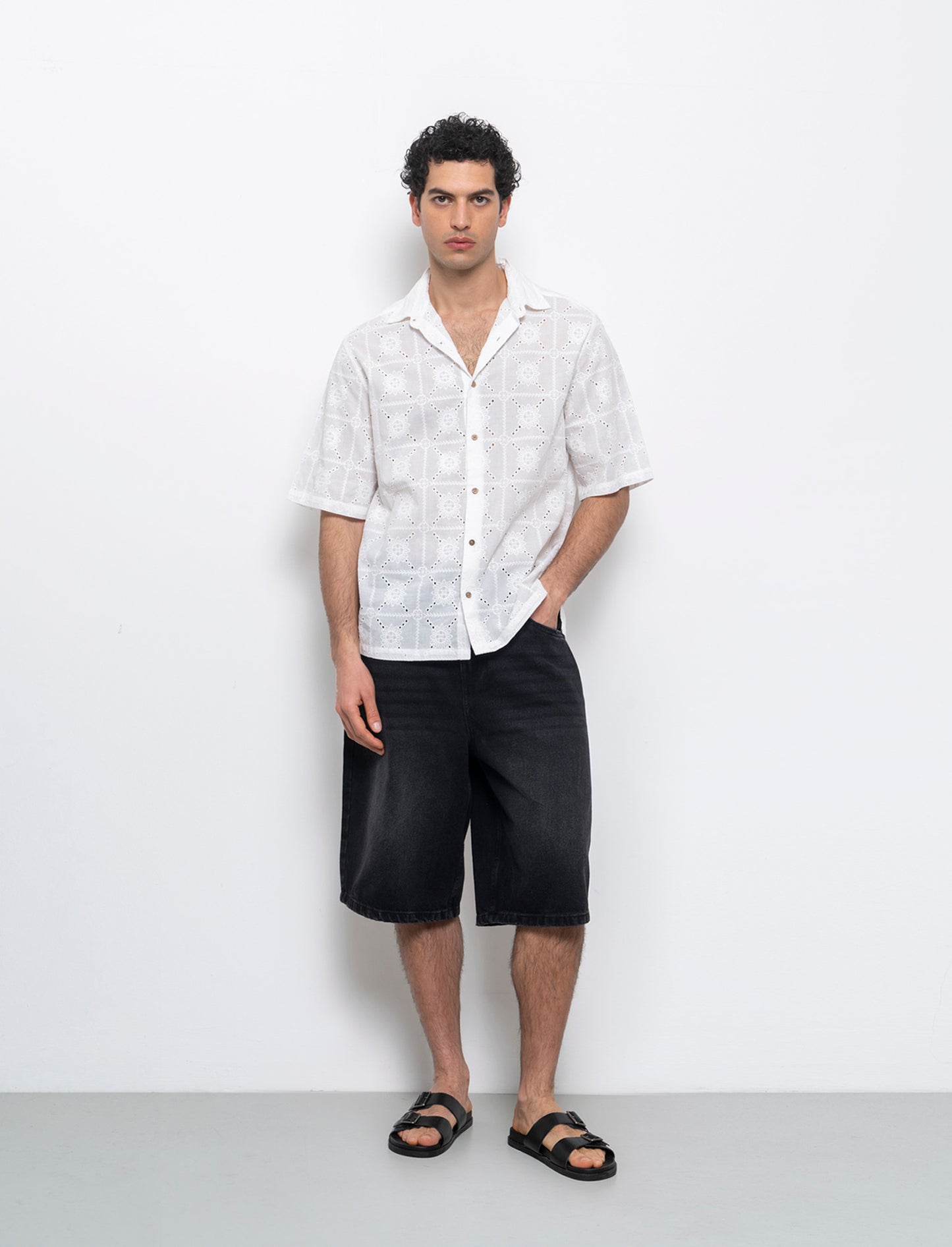 Camicia fantasia ricamata da uomo - Bianco