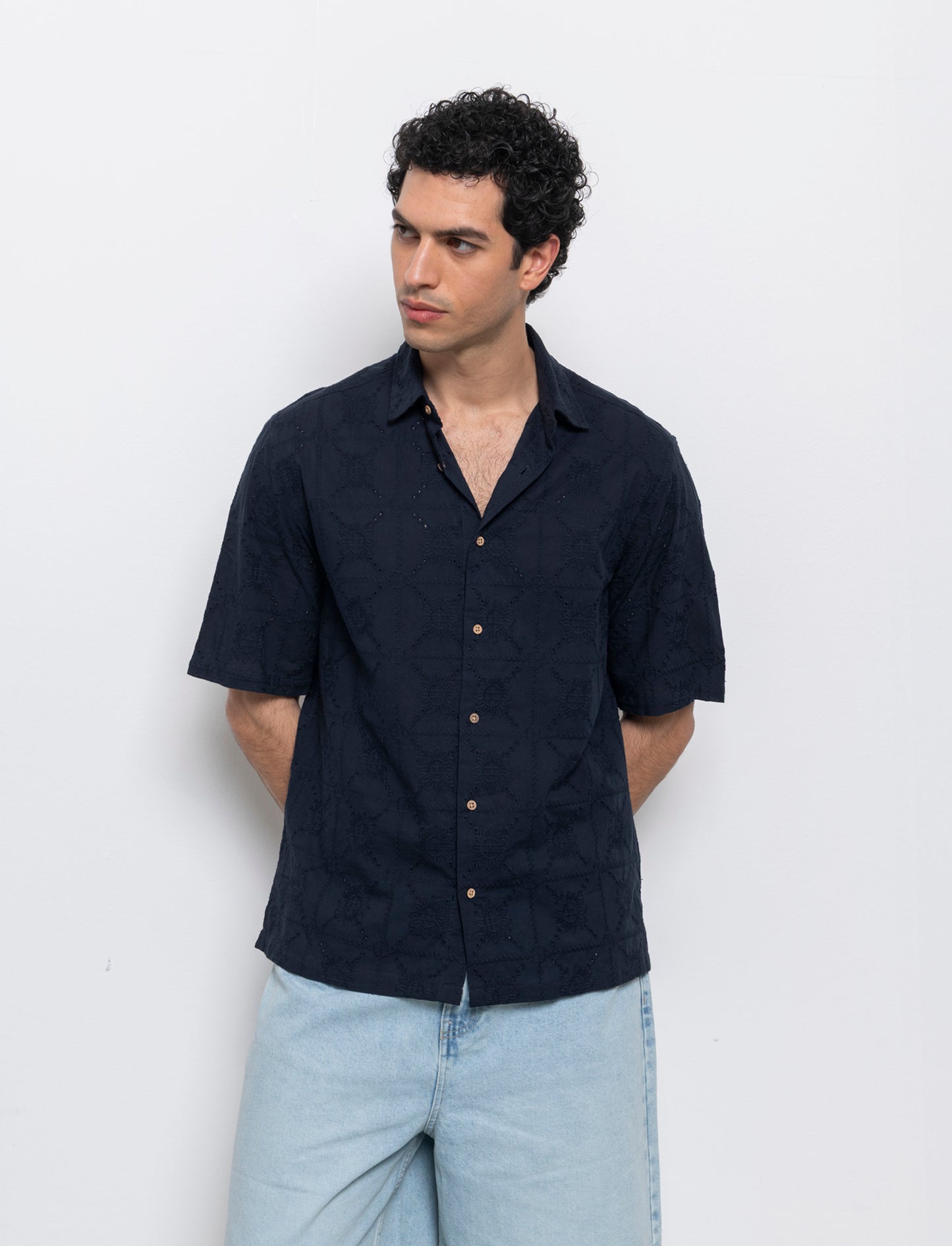 Camicia fantasia ricamata da uomo - Blu