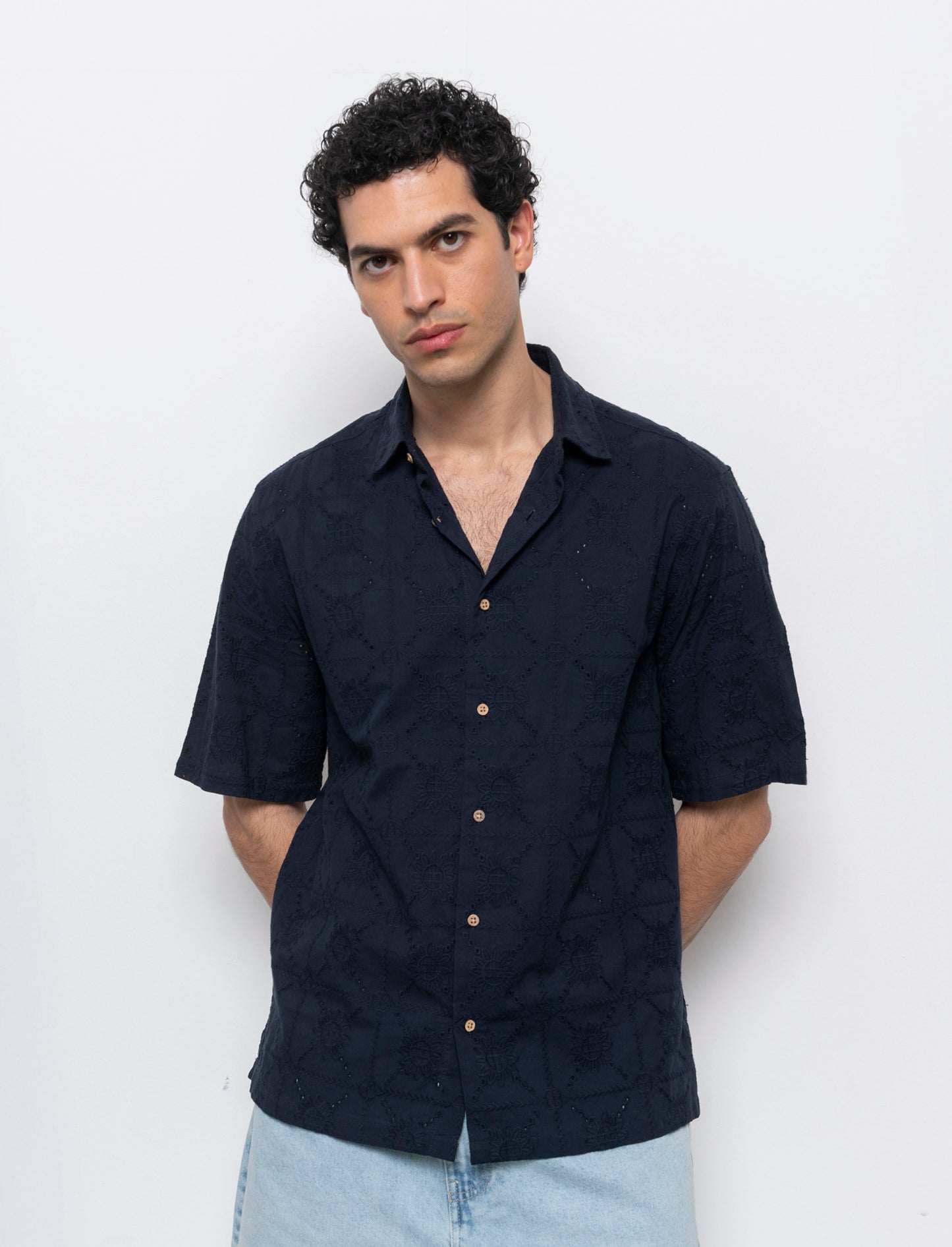 Camicia fantasia ricamata da uomo - Blu