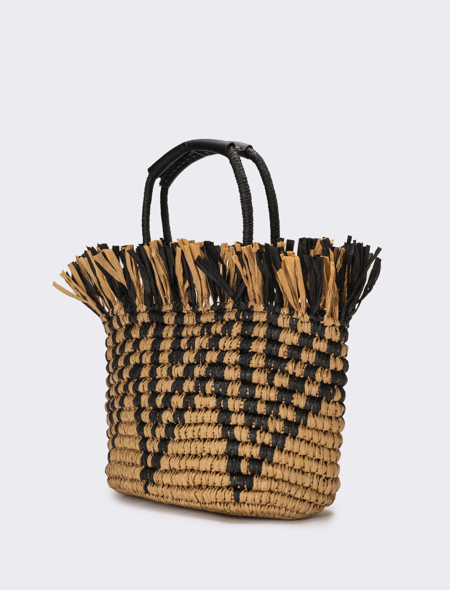 Shopper donna zig zag con frange in raffia - Nero